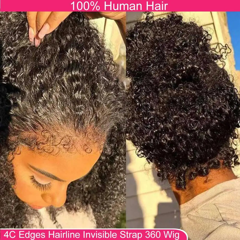 Kinky curly human hair wig Invisible Drawstring 360 Full HD Glueless Wigs