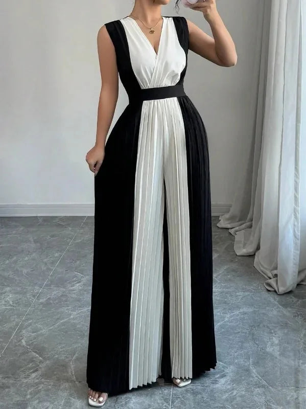 Elegant two-tone sleeveless wide leg jumpsuit