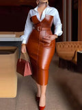 Elegant Belted Two-Piece Office Dress  -  Chic Shirt & Bodycon Dress Set .