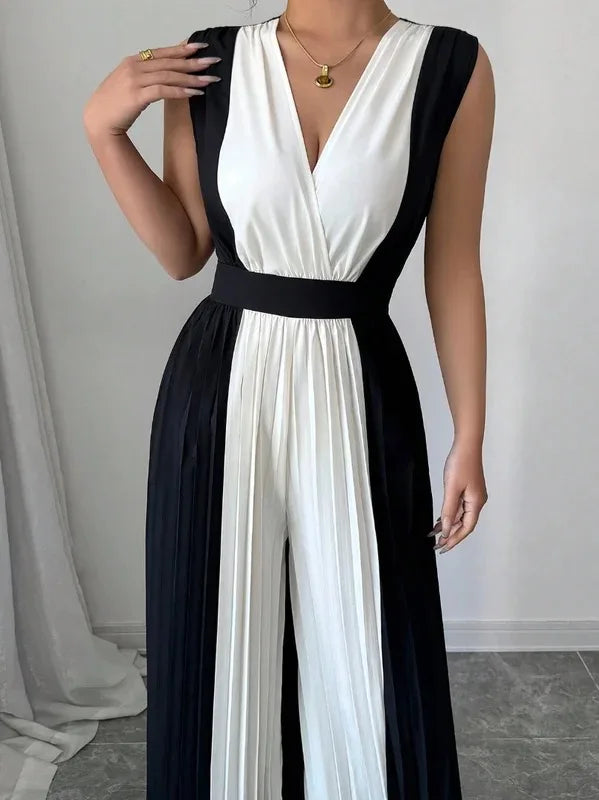 Elegant two-tone sleeveless wide leg jumpsuit