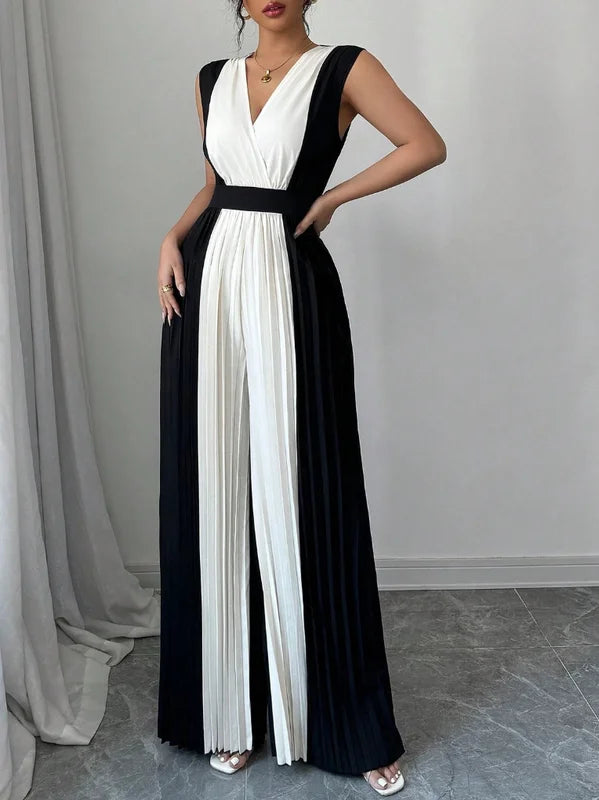 Elegant two-tone sleeveless wide leg jumpsuit