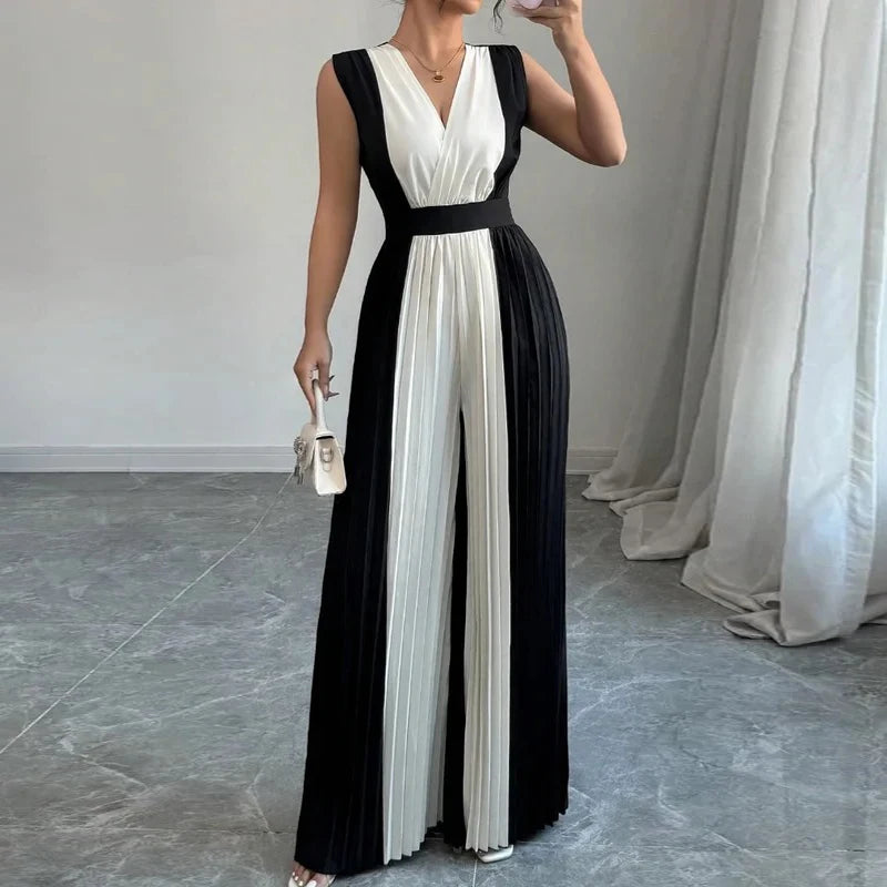 Elegant two-tone sleeveless wide leg jumpsuit