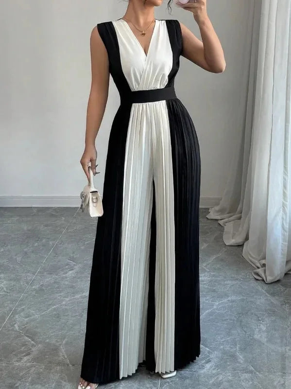 Elegant two-tone sleeveless wide leg jumpsuit