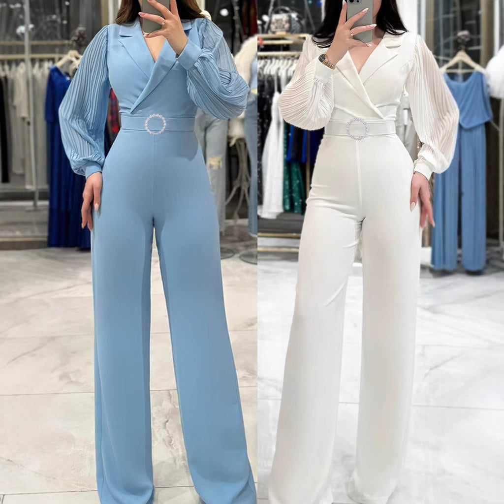 Fitted Jumpsuit With Pleated Long Sleeves And A Blazer Collar